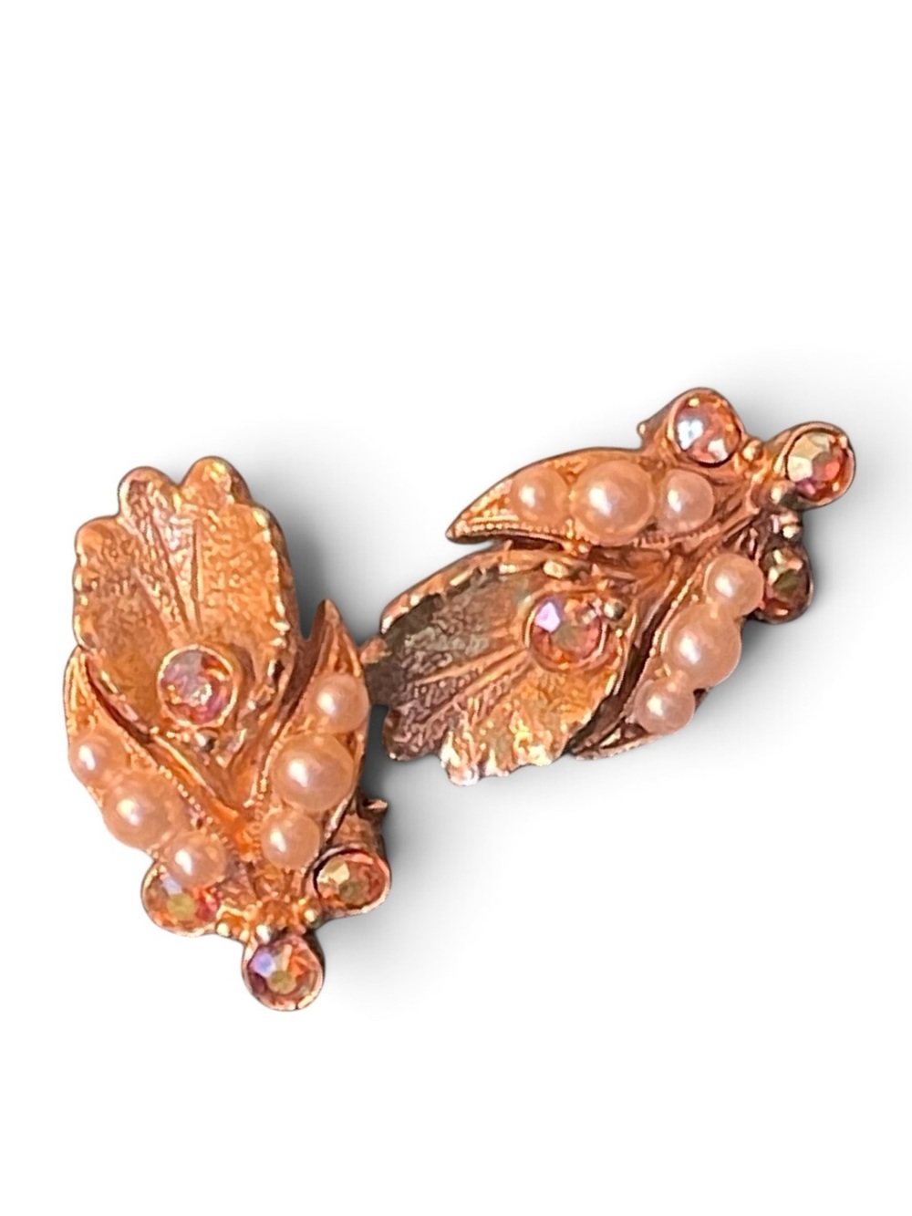 Vintage Florenza Faux Pearl Pink Aurora Borealis Gold-Tone Clip On Earrings
